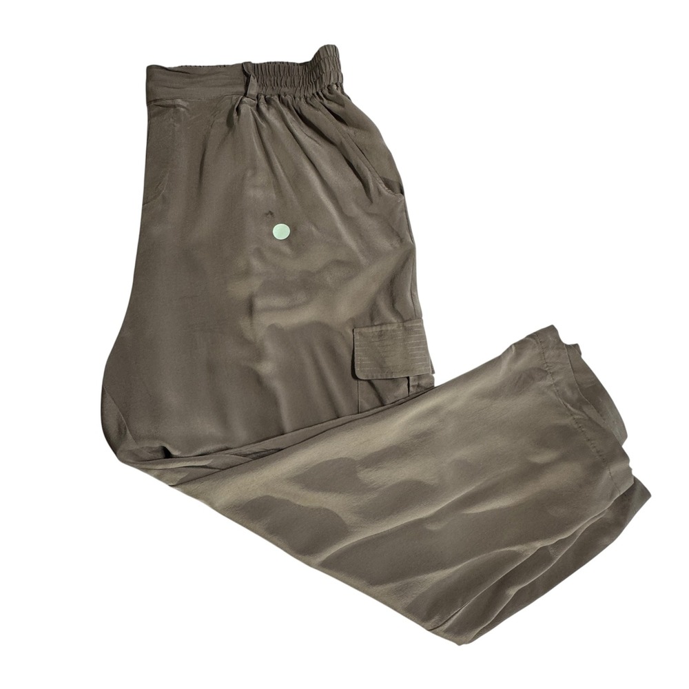 Go Silk Cargo Pants Womens XL Olive Green 100% Silk Wide Leg Relaxed *FLAW